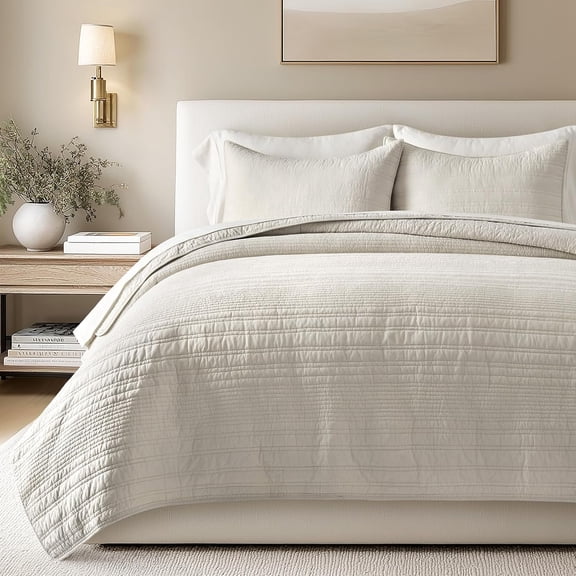 EVERGRACE 100% Cotton Modern Lines Quilt Set Queen Size, Pre-Washed Soft Striped Coverlet Bedspread, 3 Piece Lightweight Bedding Set for All Season, with 2 Pillow Shams, Birch