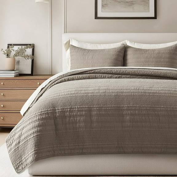 EVERGRACE 100% Cotton Modern Lines Quilt Set Queen Size, Pre-Washed Soft Striped Coverlet Bedspread, 3 Piece Lightweight Bedding Set for All Season, with 2 Pillow Shams, Stone Taupe
