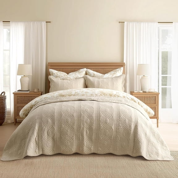 EVERGRACE 100% Cotton Scallop Quilt Set, King Size 3 Piece Set  Lightweight Bedspread with 2 Shams, Soft Prewashed Matelasse Coverlet for Cozy and Elegant Bedding, Flax Beige