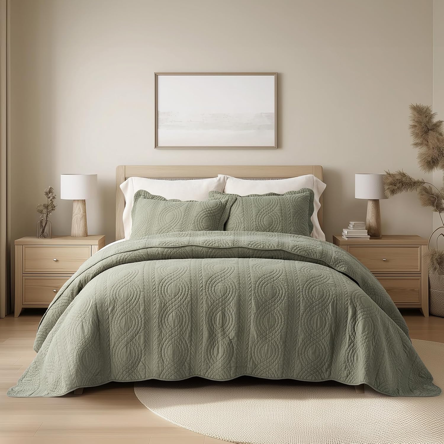 EVERGRACE 100% Cotton Scallop Quilt Set, King Size 3 Piece Set – Lightweight Bedspread with 2 Shams, Soft Prewashed Matelasse Coverlet for Cozy and Elegant Bedding, Olive Green
