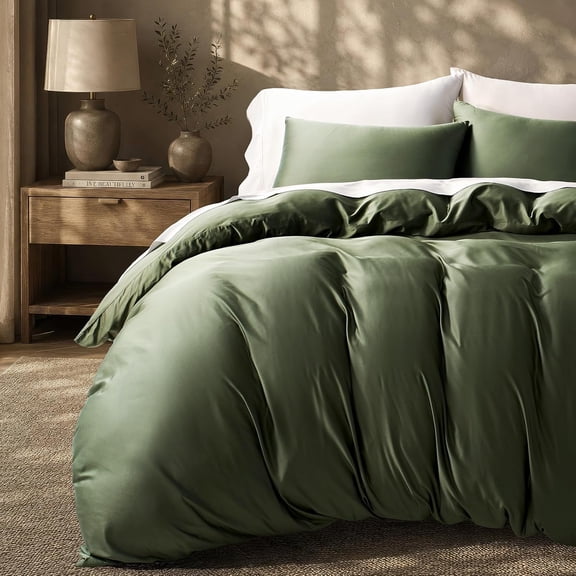 EVERGRACE 100% Rayon from Bamboo Duvet Cover Set, King Size, Olive Green