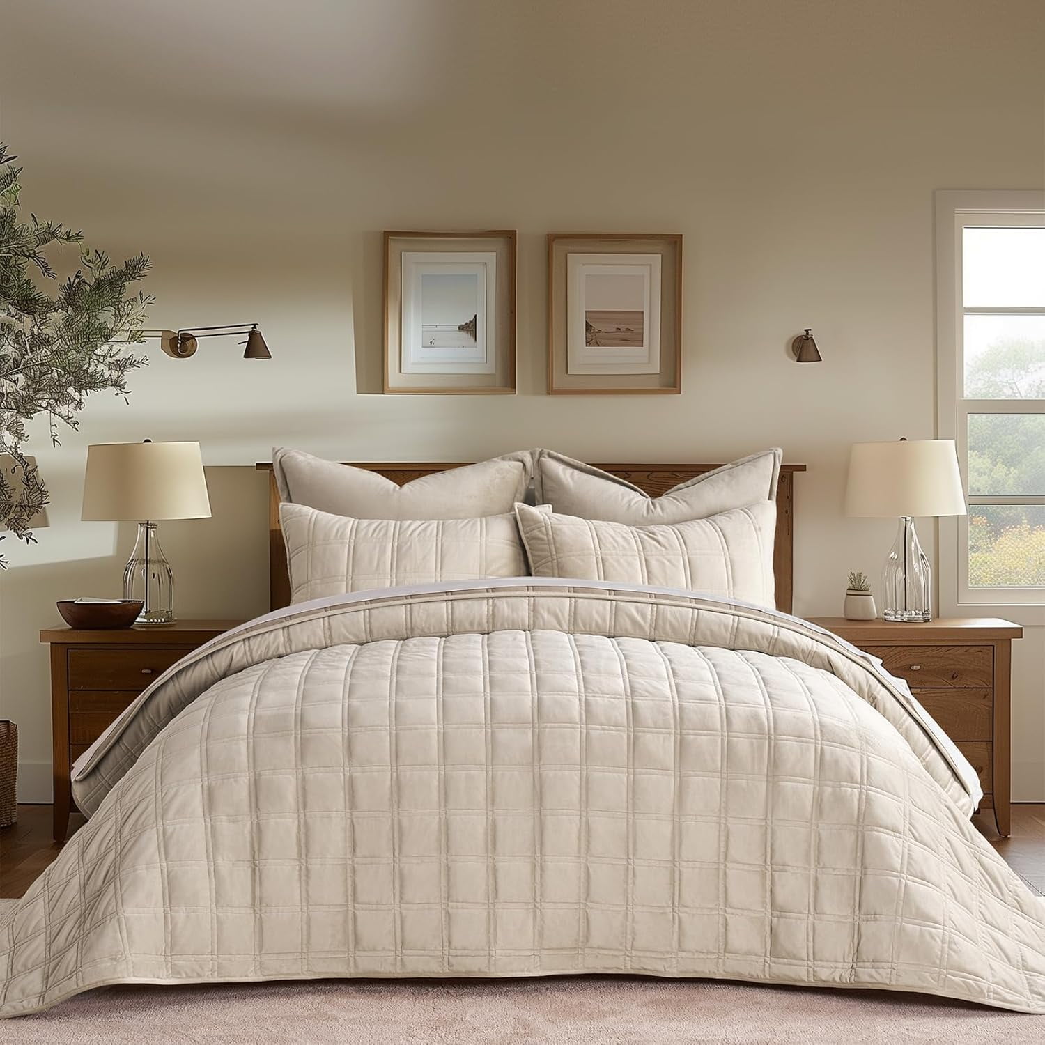 EVERGRACE 3 Pieces Luxurious Velvet Quilt King Size, Ultra Soft Bedspread Coverlet Set, Double Box Stitch Lightweight Velvet Comforter for All Season with 2 Shams, Beige, 108''x96''