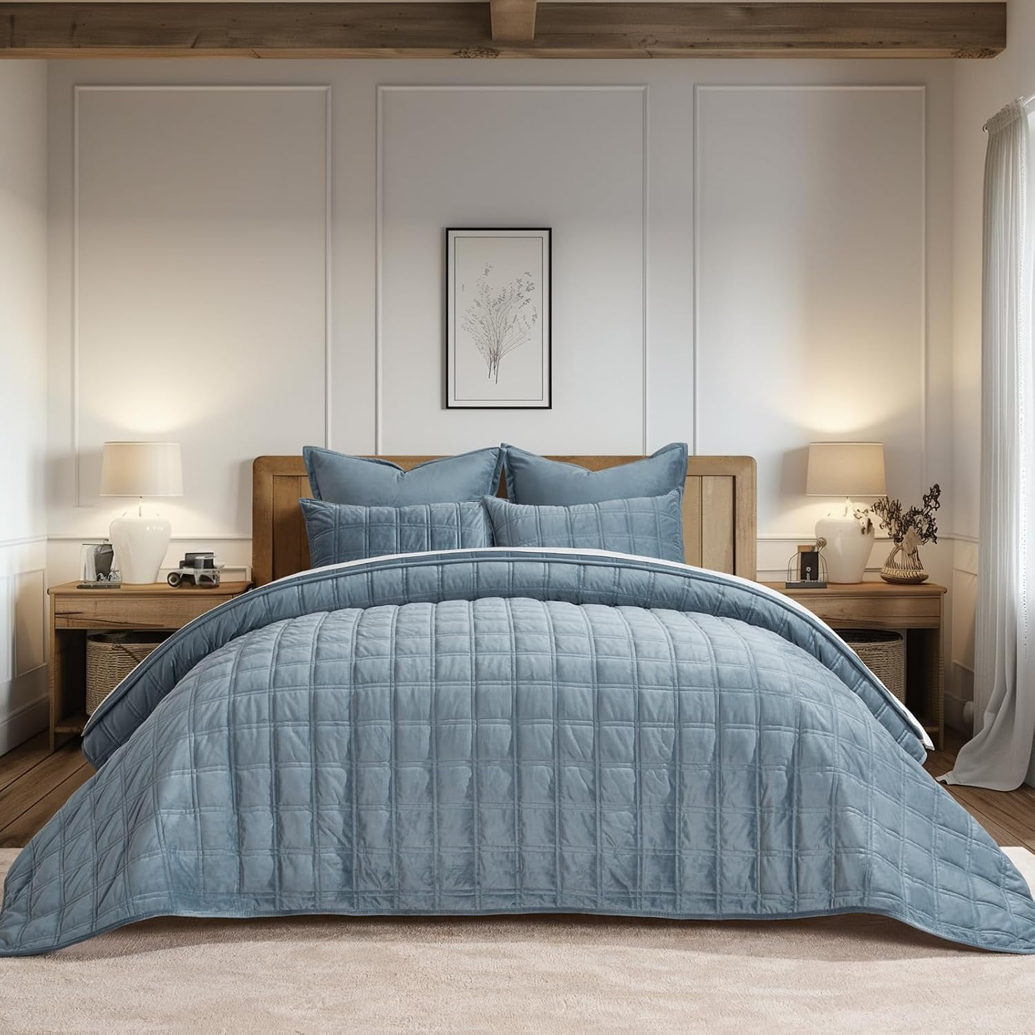EVERGRACE 3 Pieces Luxurious Velvet Quilt King Size, Ultra Soft Bedspread Coverlet Set, Double Box Stitch Lightweight Velvet Comforter for All Season with 2 Shams, Blue Linen, 108''x96''