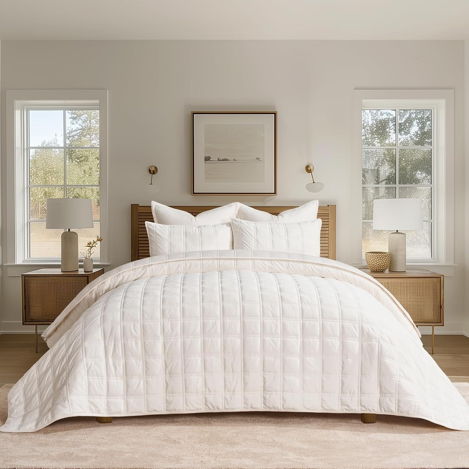 EVERGRACE 3 Pieces Luxurious Velvet Quilt King Size, Ultra Soft Bedspread Coverlet Set, Double Box Stitch Lightweight Velvet Comforter for All Season with 2 Shams, Cream White, 108''x96''