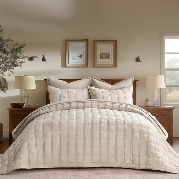 EVERGRACE 3 Pieces Luxurious Velvet Quilt Queen Size, Ultra Soft Bedspread Coverlet Set, Double Box Stitch Lightweight Velvet Comforter for All Season with 2 Shams, Beige, 92"x96"