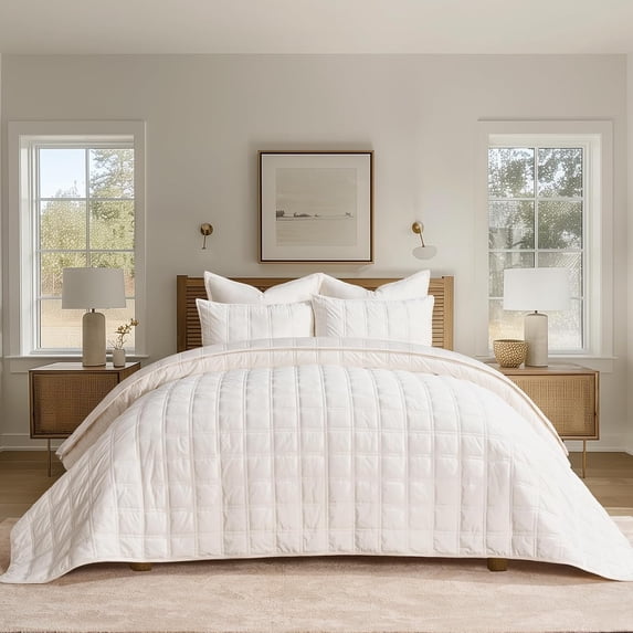 EVERGRACE 3 Pieces Luxurious Velvet Quilt Queen Size, Ultra Soft Bedspread Coverlet Set, Double Box Stitch Lightweight Velvet Comforter for All Season with 2 Shams, Cream White, 92''x96''