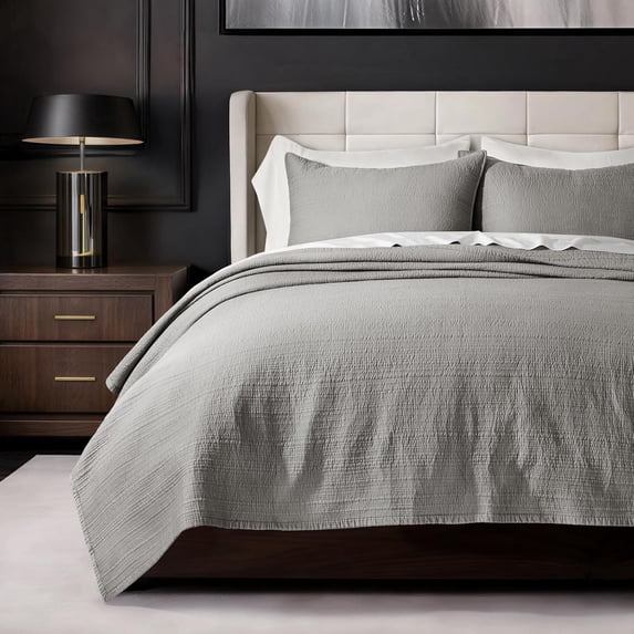 EVERGRACE Channel Stitch 100% Cotton Quilt Set King Size, Pre-Washed Cotton Sateen Coverlet Bedspread, 3-Piece Soft & Breathable Bedding Set with 2 Shams for All Seasons, Fog Gray