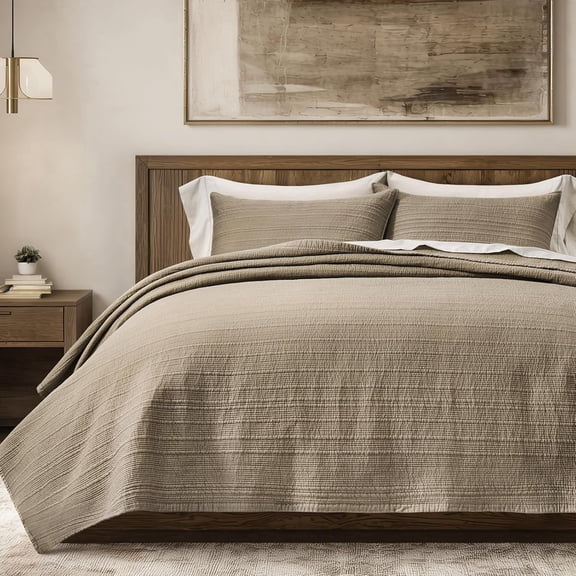 EVERGRACE Channel Stitch 100% Cotton Quilt Set King Size, Pre-Washed Cotton Sateen Coverlet Bedspread, 3-Piece Soft & Breathable Bedding Set with 2 Shams for All Seasons, Stone Taupe
