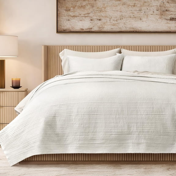 EVERGRACE Channel Stitch 100% Cotton Quilt Set Queen Size, Pre-Washed Cotton Sateen Coverlet Bedspread, 3-Piece Soft & Breathable Bedding Set with 2 Shams for All Seasons, Bright White