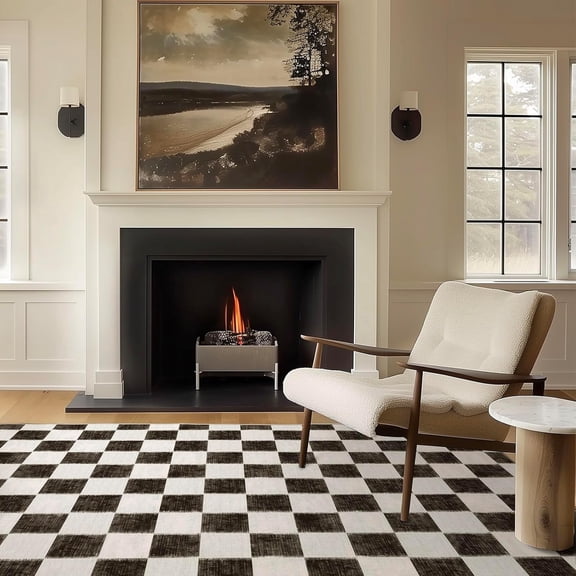 EVERGRACE Checkered Plaid Area Rug 5x7, Soft Faux Wool Rugs Washable Anti Slip Rugs Large Rug Carpet for Entryway Bedroom Living Room Hallway Kitchen Dining Room and Laundry Room, Black