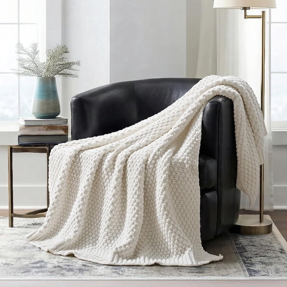 EVERGRACE Chunky Chenille Knit Throw Blanket for Couch, Soft Luxurious Moss Stitch Blankets for Bed, Cozy Decorative Farmhouse Knitted Throws for Sofa, Bright White, 50" x 60"