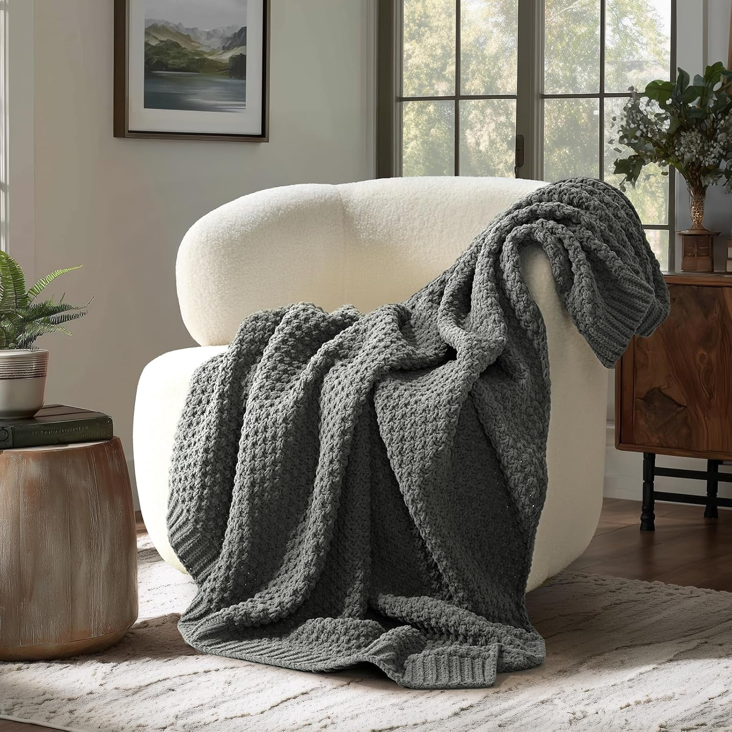 EVERGRACE Chunky Chenille Knit Throw Blanket for Couch, Soft Luxurious Moss Stitch Blankets for Bed, Cozy Decorative Farmhouse Knitted Throws for Sofa, Charcoal Gray, 60" x 80"