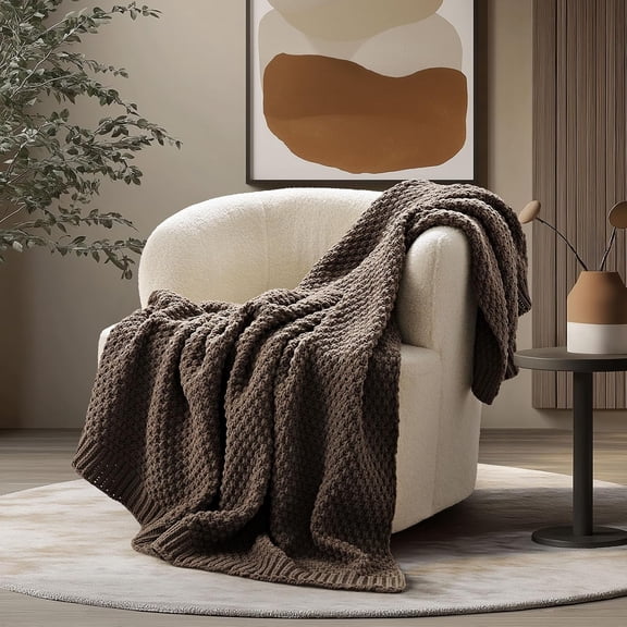 EVERGRACE Chunky Chenille Knit Throw Blanket for Couch, Soft Luxurious Moss Stitch Blankets for Bed, Cozy Decorative Farmhouse Knitted Throws for Sofa, Cocoa Brown, 60" x 80"