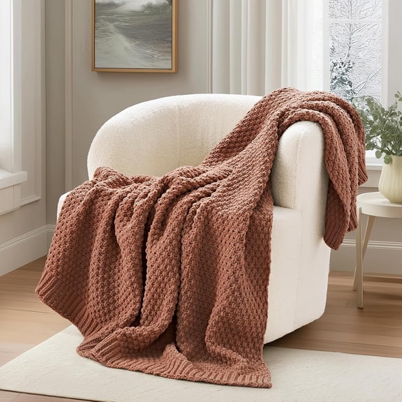 EVERGRACE Chunky Chenille Knit Throw Blanket for Couch, Soft Luxurious Moss Stitch Blankets for Bed, Cozy Decorative Farmhouse Knitted Throws for Sofa, Terracotta Clay, 50" x 60"