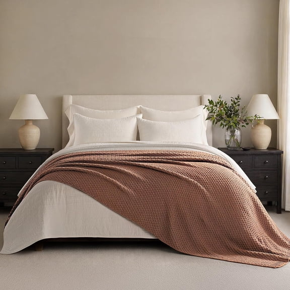 EVERGRACE Chunky Polyester Knit Throw Blanket for Couch, Soft Luxurious Oversized King Moss Stitch Blanket for Bed, Large Cozy Farmhouse Knitted Throw for Sofa, Terracotta Clay, 108" x 92"