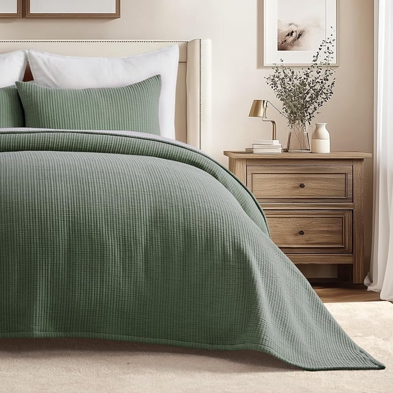 EVERGRACE Cotton Bedspread Full Queen Size, Ultra Soft Prewashed Pick Stitch Matelassé Coverlet, Lightweight Textured Oversized Queen Quilt Bedding Set for All Season, with 2 Shams, Olive Green