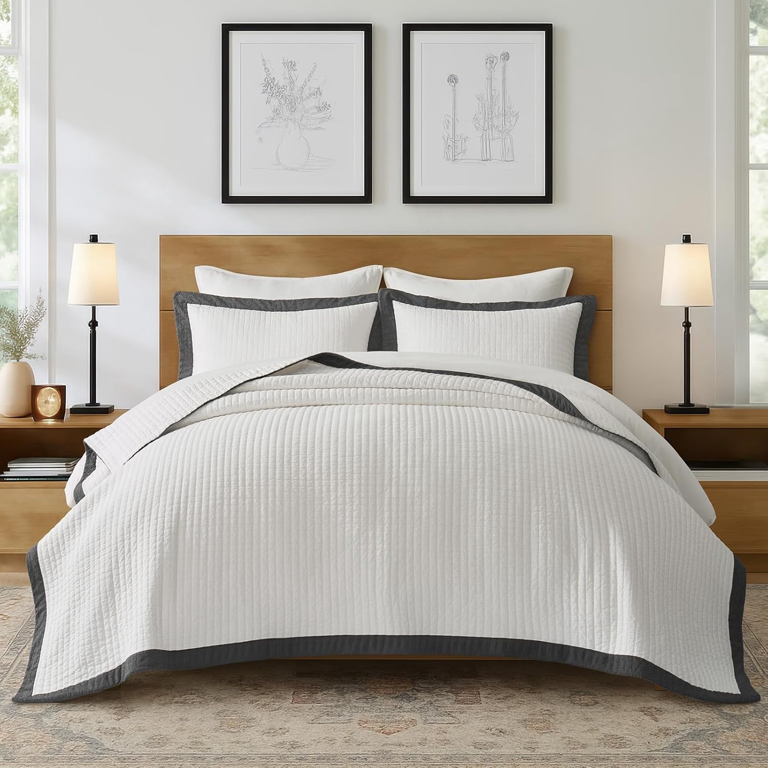 EVERGRACE Cotton Border Frame Tack-Stitch Quilt Bedding Set King Size ...