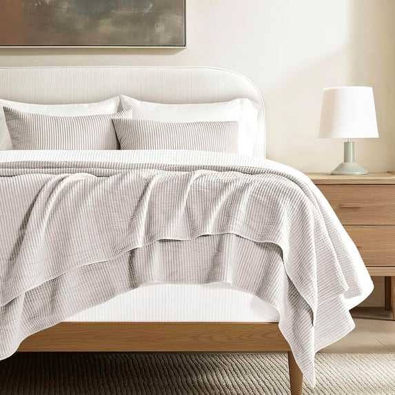 EVERGRACE Cotton Coverlet Set Full Queen Size 3 Pieces, Lightweight Soft Ribbed Matelassé Bedspread Quilt Set, Cozy Oversized Quilted Bedding Set with 2 Pillow Shams for All Seasons, Birch