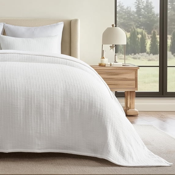 EVERGRACE Cotton Gauze Full Queen Bedspread, Ultra Soft Prewashed Pick Stitch Matelassé Coverlet, Lightweight Textured Oversized Queen Quilt Bedding Set for All Season, with 2 Shams, White