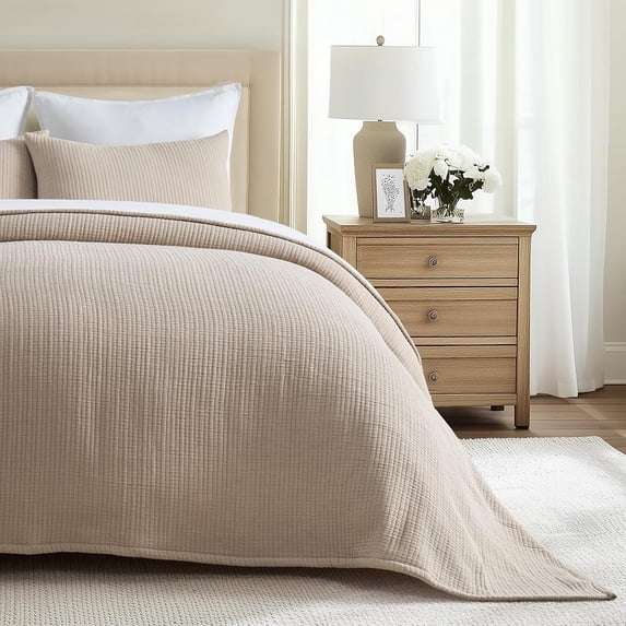 EVERGRACE Cotton Gauze King Bedspread, Ultra Soft Prewashed Pick Stitch Matelassé Coverlet, Lightweight Textured Oversized King Quilt Bedding Set for All Season, with 2 Shams, Khaki Tan