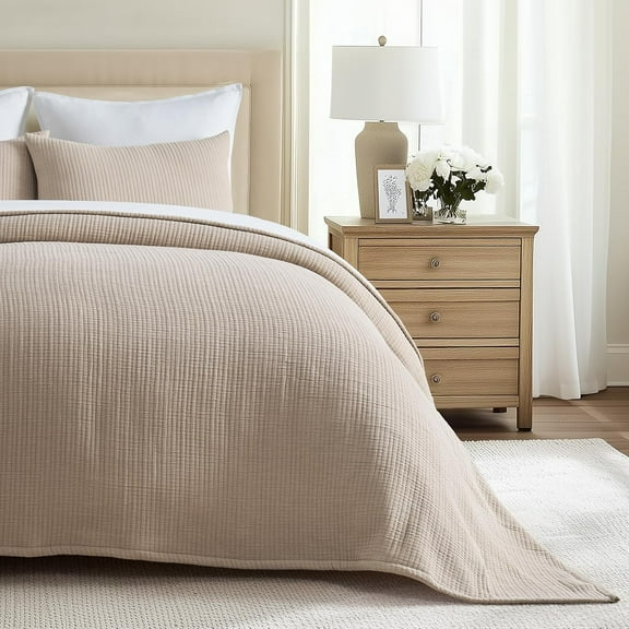 EVERGRACE Cotton Gauze King Bedspread, Ultra Soft Prewashed Pick Stitch Matelassé Coverlet, Lightweight Textured Oversized King Quilt Bedding Set for All Season, with 2 Shams, Khaki Tan