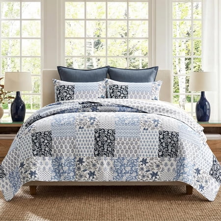 EVERGRACE Cotton Quilt Set King Size, 100% Cotton Reversible Lightweight Bedspread Coverlet, Farmhouse Patchwork Bedding, Traditional Block Print Quilt with 2 Pillow Shams, Coastal Blue 110"×92"