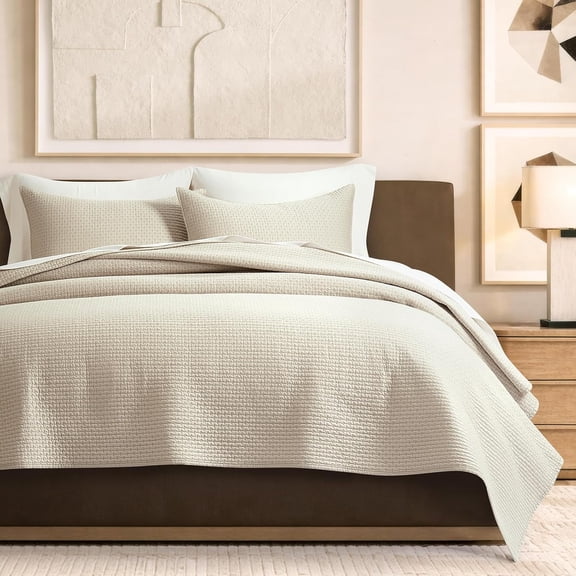 EVERGRACE Cotton Sateen Pick-Stitch Quilt Set King Size - 100% Cotton Lightweight Coverlet Bedding, Pre-Washed Oversized Bedspread, Breathable All-Season Quilt Set with 2 Shams, Parchment