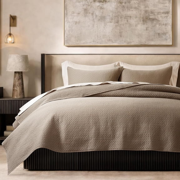 EVERGRACE Cotton Sateen Pick-Stitch Quilt Set King Size - 100% Cotton Lightweight Coverlet Bedding, Pre-Washed Oversized Bedspread, Breathable All-Season Quilt Set with 2 Shams, Stone Taupe