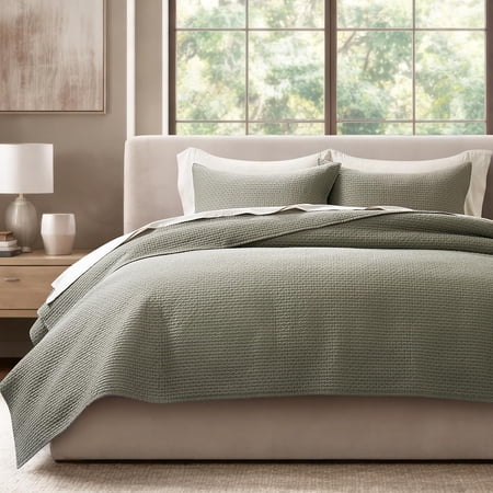 EVERGRACE Cotton Sateen Pick-Stitch Quilt Set Queen Size - 100% Cotton Lightweight Coverlet Bedding, Pre-Washed Oversized Bedspread, Breathable All-Season Quilt Set with 2 Shams, Eucalyptus Green
