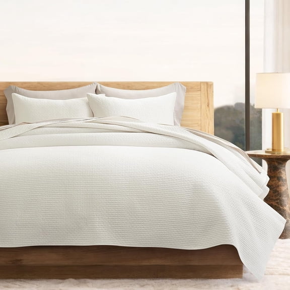 EVERGRACE Cotton Sateen Pick-Stitch Quilt Set Queen Size - 100% Cotton Lightweight Coverlet Bedding, Pre-Washed Oversized Bedspread, Breathable All-Season Quilt Set with 2 Shams, Bright White
