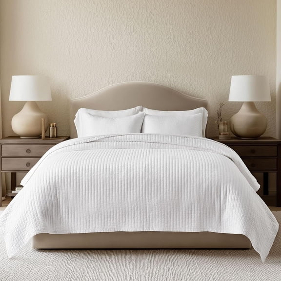 EVERGRACE Cotton Sateen Quilt Set King Size, Pre-Washed Cotton Channel Stitch Coverlet Bedspread, 3 Pieces Lightweight Soft Bedding Sets for All Season, with 2 Pillow Shams, Bright White