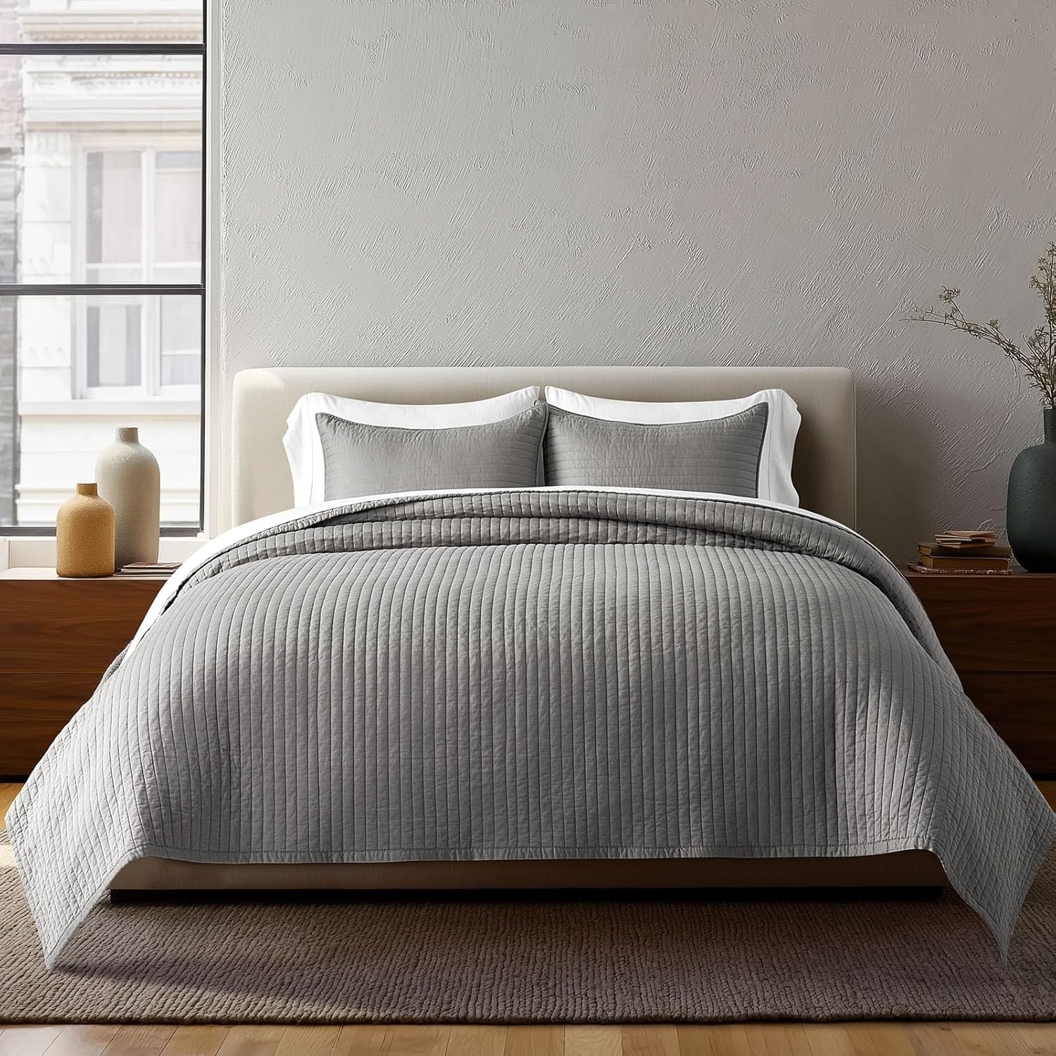 EVERGRACE Cotton Sateen Quilt Set King Size, Pre-Washed Cotton Channel Stitch Coverlet Bedspread, 3 Pieces Lightweight Soft Bedding Sets for All Season, with 2 Pillow Shams, Fog Gray