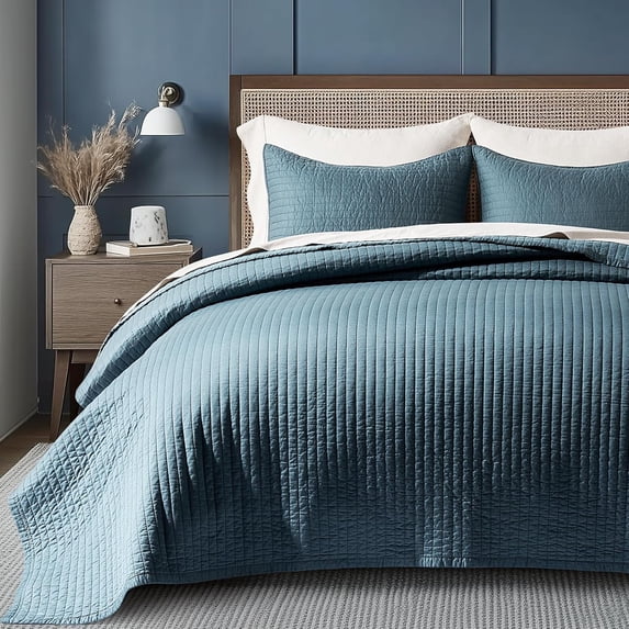 EVERGRACE Cotton Sateen Quilt Set Queen Size, Pre-Washed Cotton Channel Stitch Coverlet Bedspread, 3 Pieces Lightweight Soft Bedding Sets for All Season, with 2 Pillow Shams, Sonoma Blue