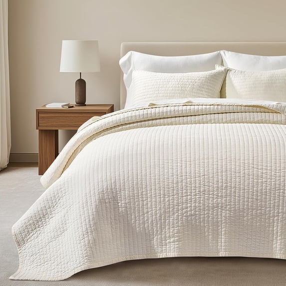 EVERGRACE Cotton Sateen Quilt Set Queen Size, Pre-Washed Cotton Channel Stitch Coverlet Bedspread, 3 Pieces Lightweight Soft Bedding Sets for All Season, with 2 Pillow Shams, Cream