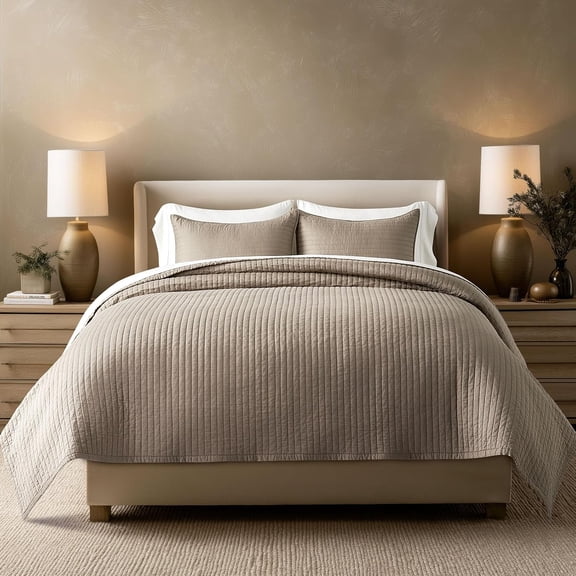 EVERGRACE Cotton Sateen Quilt Set Queen Size, Pre-Washed Cotton Channel Stitch Coverlet Bedspread, 3 Pieces Lightweight Soft Bedding Sets for All Season, with 2 Pillow Shams, Stone Taupe