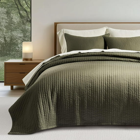 EVERGRACE Cotton Sateen Quilt Set Queen Size, Pre-Washed Cotton Channel Stitch Coverlet Bedspread, 3 Pieces Lightweight Soft Bedding Sets for All Season, with 2 Pillow Shams, Olive Green