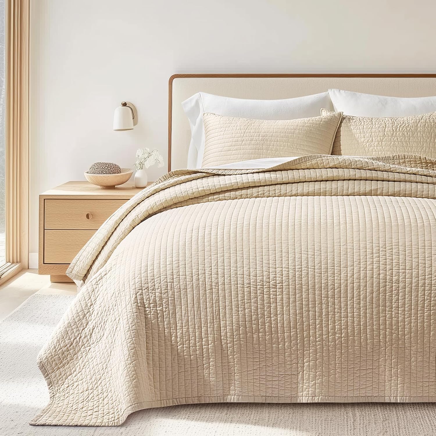 EVERGRACE Cotton Sateen Quilt Set Queen Size, Pre-Washed Cotton Channel Stitch Coverlet Bedspread, 3 Pieces Lightweight Soft Bedding Sets for All Season, with 2 Pillow Shams, Light Sand