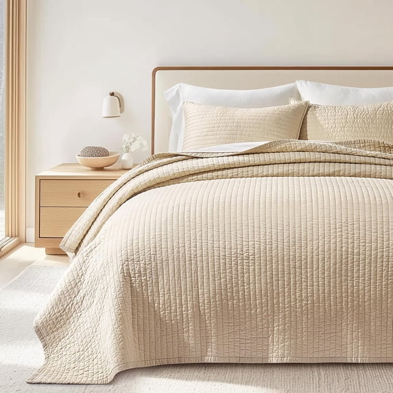 EVERGRACE Cotton Sateen Quilt Set Queen Size, Pre-Washed Cotton Channel Stitch Coverlet Bedspread, 3 Pieces Lightweight Soft Bedding Sets for All Season, with 2 Pillow Shams, Light Sand