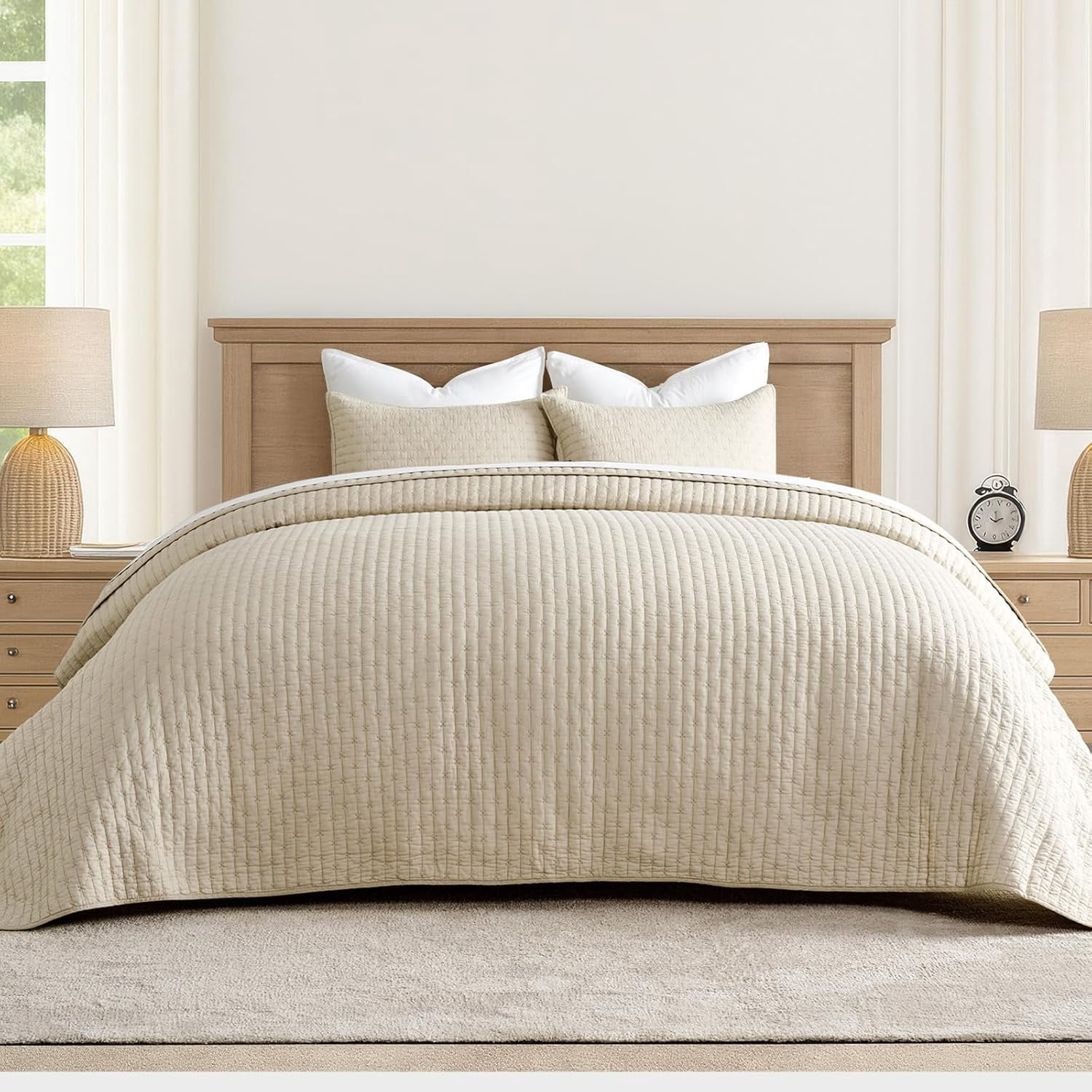 EVERGRACE Cross Stitch Pre-Washed Cotton Quilt Bedding Set King Size, Oversized 3 Pieces Lightweight Bedspread Coverlet for All Season, with 2 Matching Shams, Flax Beige,118"x106"