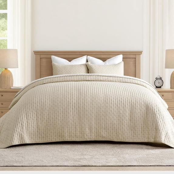 EVERGRACE Cross Stitch Pre-Washed Cotton Quilt Bedding Set King Size, Oversized 3 Pieces Lightweight Bedspread Coverlet for All Season, with 2 Matching Shams, Flax Beige,118"x106"
