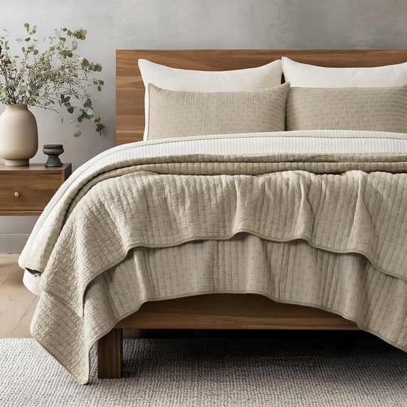 EVERGRACE Cross Stitch Pre-Washed Cotton Quilt Bedding Set Queen Size, Oversized 3 Pieces Lightweight Bedspread Coverlet for All Season, with 2 Matching Shams, Driftwood, 92"x96"