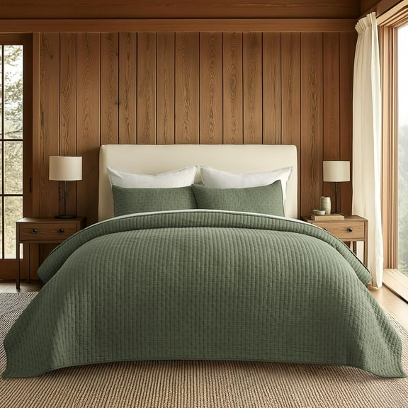 EVERGRACE Cross Stitch Pre-Washed Cotton Quilt Bedding Set Queen Size, Oversized 3 Pieces Lightweight Bedspread Coverlet for All Season, with 2 Matching Shams, Olive Green, 92"x96"