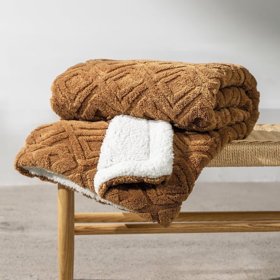 EVERGRACE Jacquard Boho Sherpa Fleece Throw Blanket for Couch, Super Soft Cozy Fuzzy Plush Blankets for All Seasons, Reversible Thick Warm Blanket for Bed, Sofa, Burnt Orange, 50'' x 60''