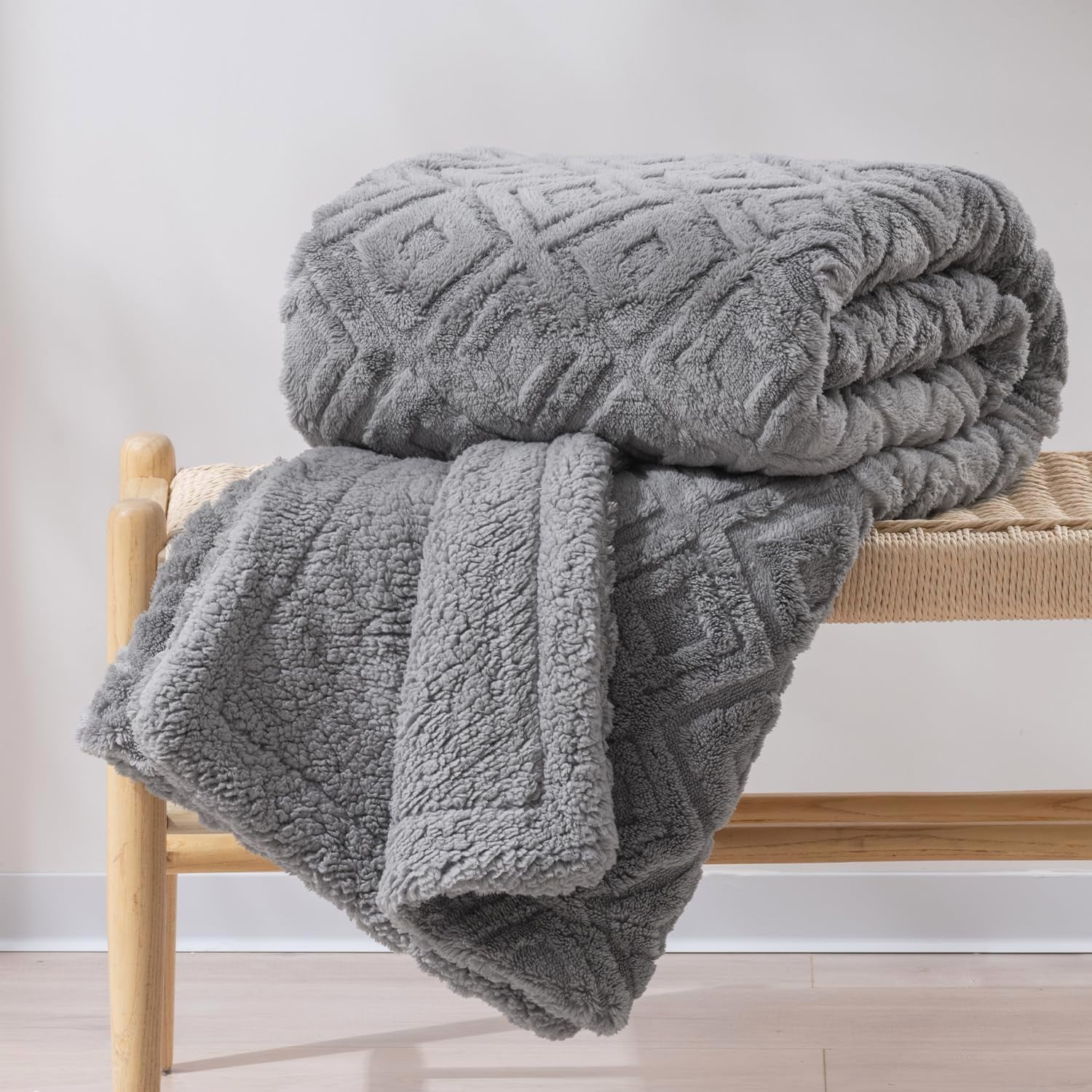EVERGRACE Jacquard Boho Sherpa Fleece Throw Blanket for Couch, Super Soft Cozy Fuzzy Plush Blankets for Winter, Reversible Thick Warm Blanket for Bed, Sofa, Living Room, Grey, 60'' x 80''