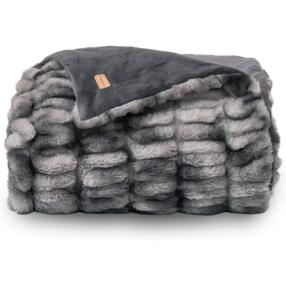 EVERGRACE Luxurious Soft Faux Fur Throw Blanket, Cozy Fuzzy Plush Warm Throws for Couch Bed Sofa Chair Home Decor, Ruched Bubble Fluffy Blanket with Reversible Velvet, 50"" x 60"", Gray