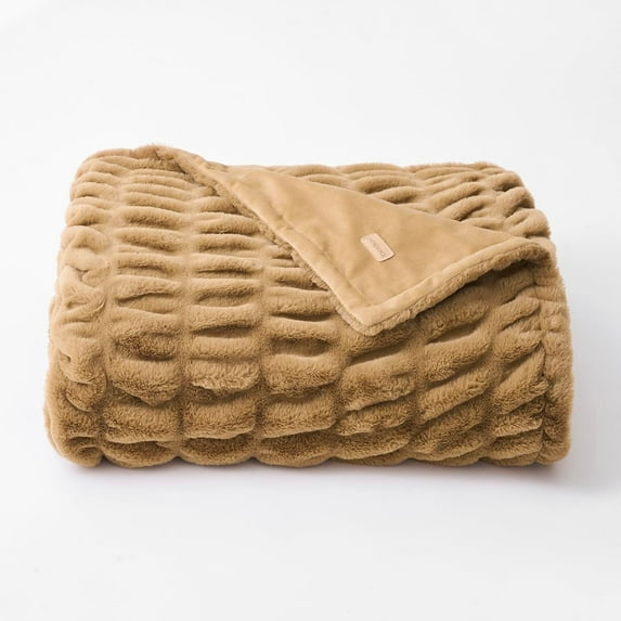 EVERGRACE Luxurious Soft Faux Rabbit Fur Throw Blanket, Cozy Fuzzy Plush Warm Throws for Couch Bed Sofa Chair Home Decor, Ruched Bubble Fluffy Blanket with Reversible Velvet, 50"" x 60"", Camel