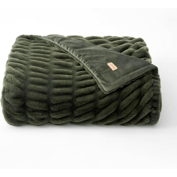 EVERGRACE Luxurious Soft Faux Rabbit Fur Throw Blanket, Cozy Fuzzy Plush Warm Throws for Couch Bed Sofa Chair Home Decor, Ruched Bubble Fluffy Blanket with Reversible Velvet, 50"" x 60"", Loden Green