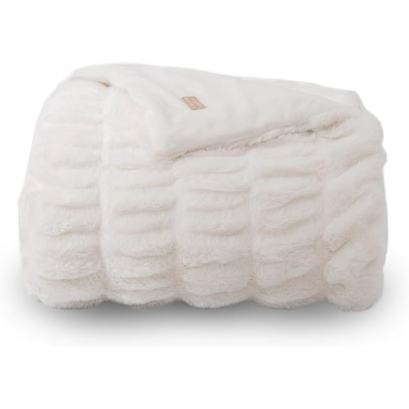 EVERGRACE Luxurious Soft Faux Rabbit Fur Throw Blanket, Cozy Fuzzy Plush Warm Throws for Couch Bed Sofa Chair Home Decor, Ruched Bubble Fluffy Blanket with Reversible Velvet, 60"" x 80"", Ivory White