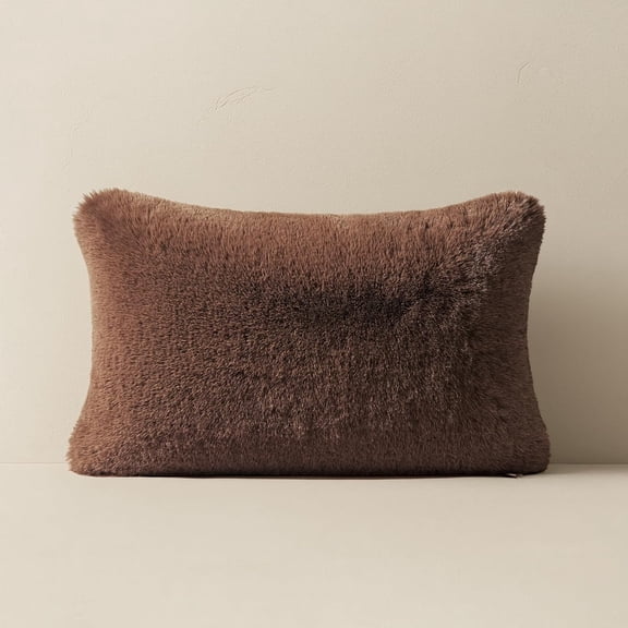 EVERGRACE Luxury Faux Chinchilla Fur Lumbar Pillow Cover 1 Pack, Decorative Fluffy Cozy Mink Pillow Case 12"x20" for Couch, Rectangle Cushion Cases for Sofa Bedroom Living Room, Chestnut Mink