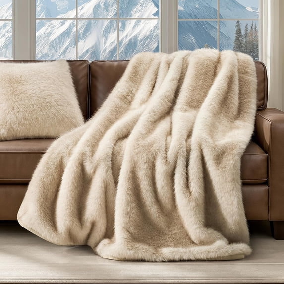 EVERGRACE Luxury Faux Fur Throw Blanket, Soft Fluffy Faux Mink Blankets for Bed, Couch, Sofa, Thick Cozy Plush Warm Fur Throws with Reversible Velvet, Tipped Golden Fox, 50"x60"